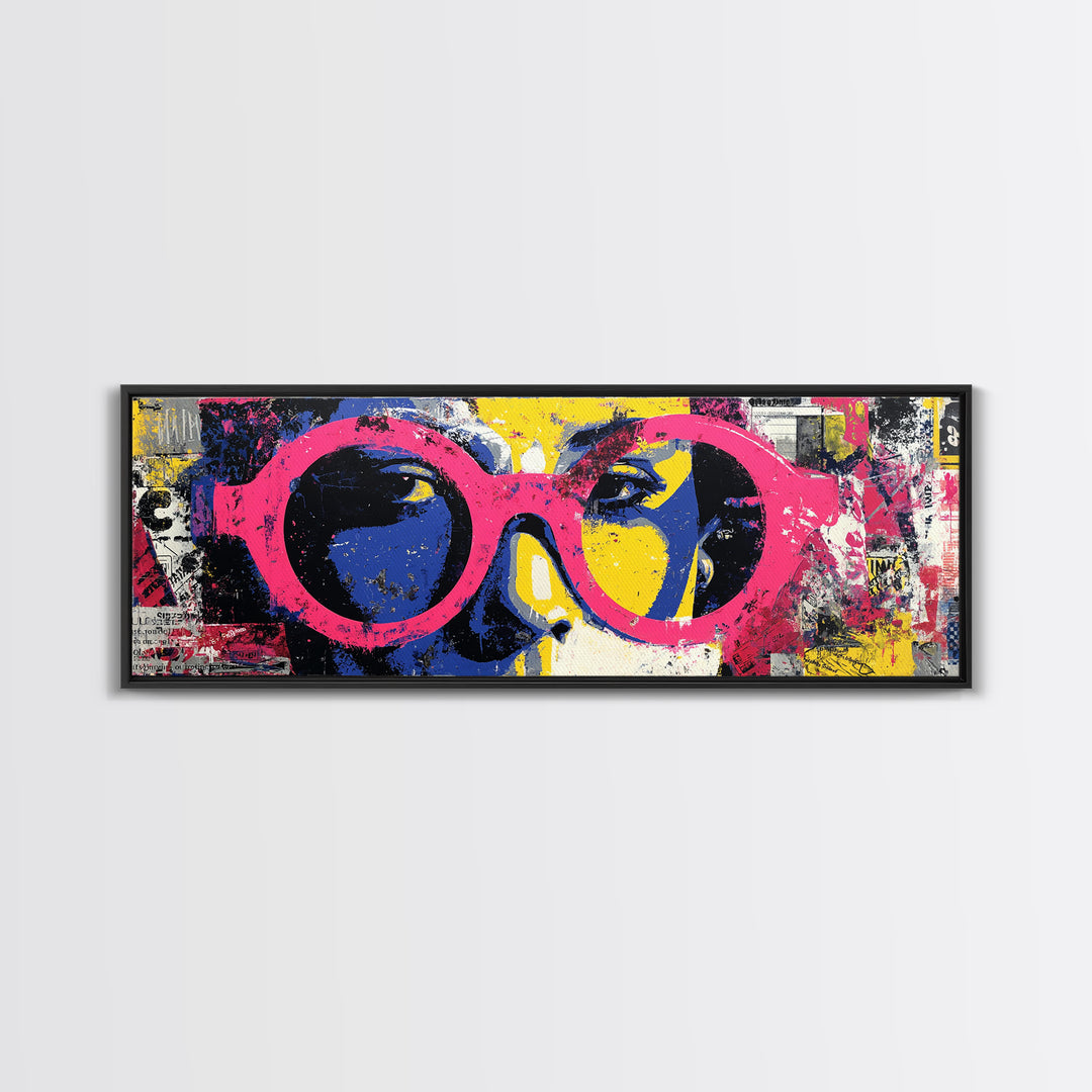 Glamorous Sunglasses Face Framed Canvas Print, Pop Art, Wall Art, Living Room Decor, Pop, Original Art, Canvas Wall Art, POP-3x1-72
