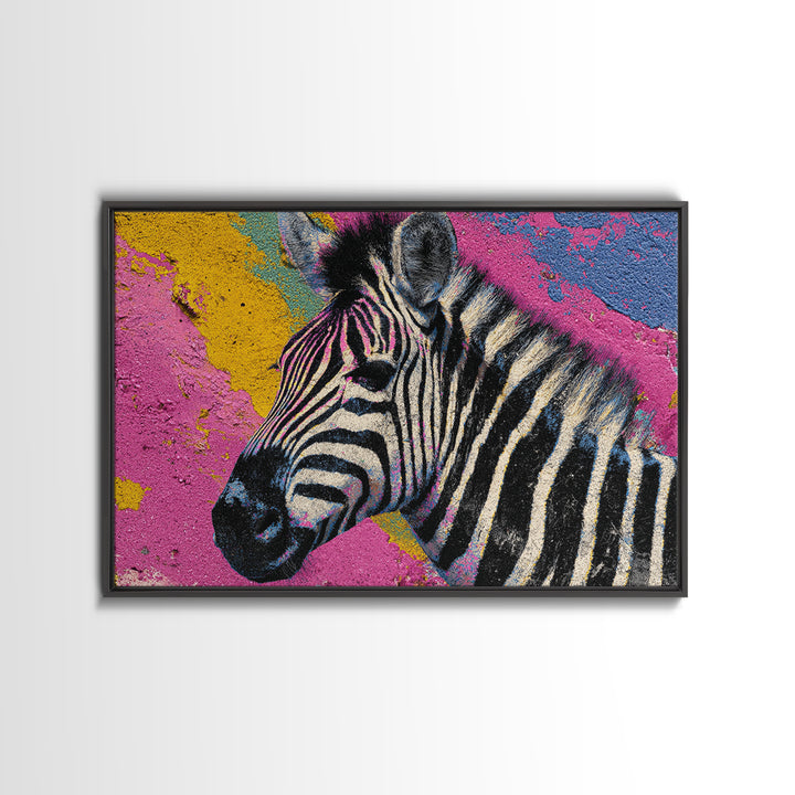 Zebra in Rainbow Pop Pattern Framed Canvas Print, Pop Art, Canvas Painting, Living Room Decor, Watercolor Art, Pop, POP-3x2-41