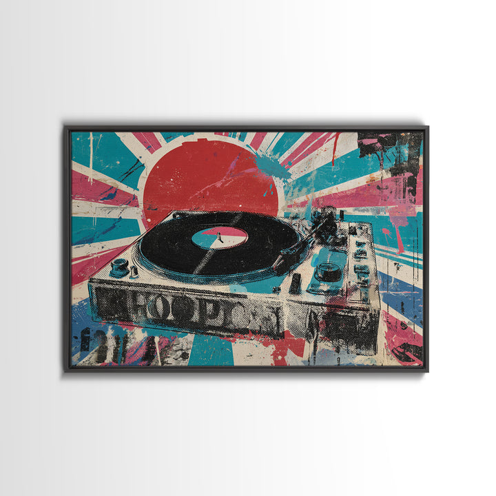 Record Player with Graphic Sound Rays Framed Canvas Print, Pop Art, Bedroom Decor, Living Room Decor, Oil Painting, Pop, POP-3x2-74