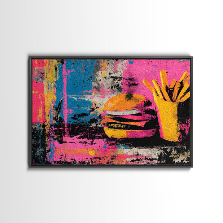 Hamburger and Fries Framed Canvas Print, Pop Art, Party Decor, Living Room Decor, Fine Art, Pop, Textured Painting, POP-3x2-85