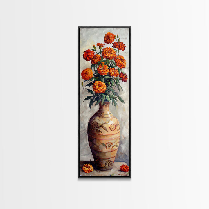 Orange Marigolds in Vase Painted on Textured Canvas, Tall and Narrow Framed Art, Botanical Art Print for Kitchen, Gallery Art, Moody Art