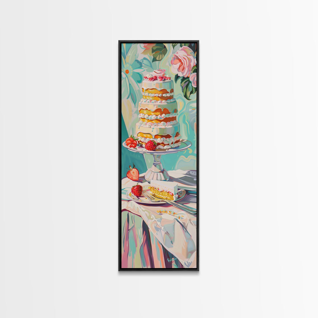 Cake Wall Art Framed and Printed on Canvas, Wall Art for Kitchen or Bakery, Food Art Print, Tall and Narrow Colorful Art for Kitchen