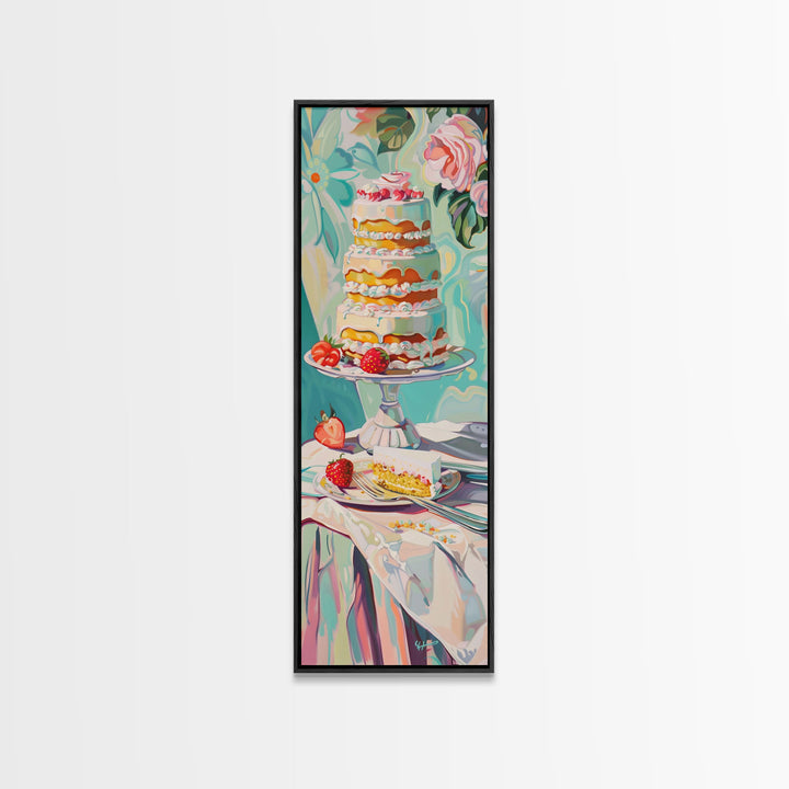 Cake Wall Art Framed and Printed on Canvas, Wall Art for Kitchen or Bakery, Food Art Print, Tall and Narrow Colorful Art for Kitchen