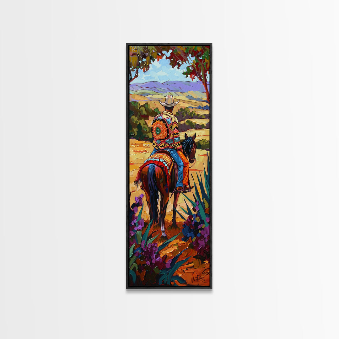 Long Narrow Wall Art Painting of Jalisco Cowboy, Southwest Wall Art Painting, Colorful Desert Canvas Painting Framed and Printed, Office Art