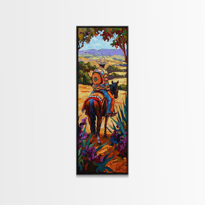 Long Narrow Wall Art Painting of Jalisco Cowboy, Southwest Wall Art Painting, Colorful Desert Canvas Painting Framed and Printed, Office Art