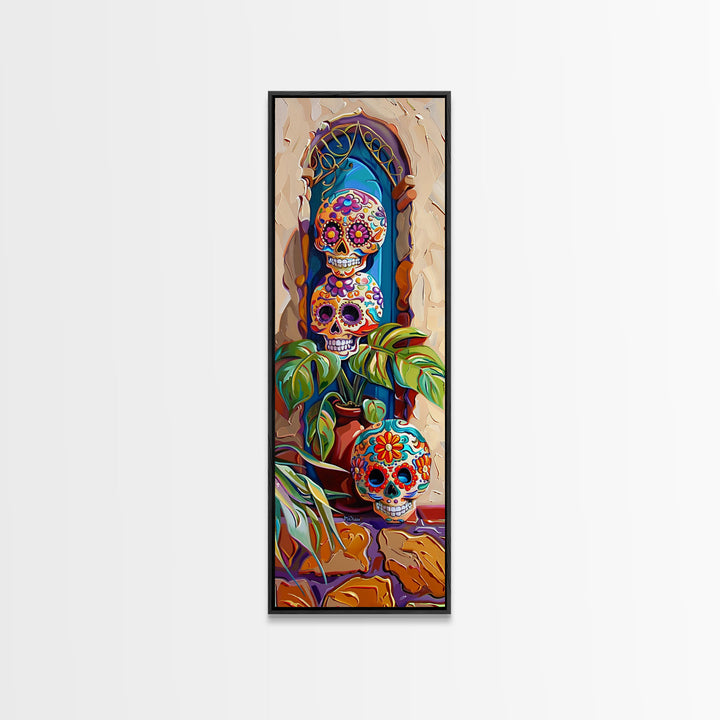 Day of The Dead Inspired Mexican Canvas Painting Framed, Long Narrow Wall Art Print, Spanish Style Home Decor, Contemporary Art Print