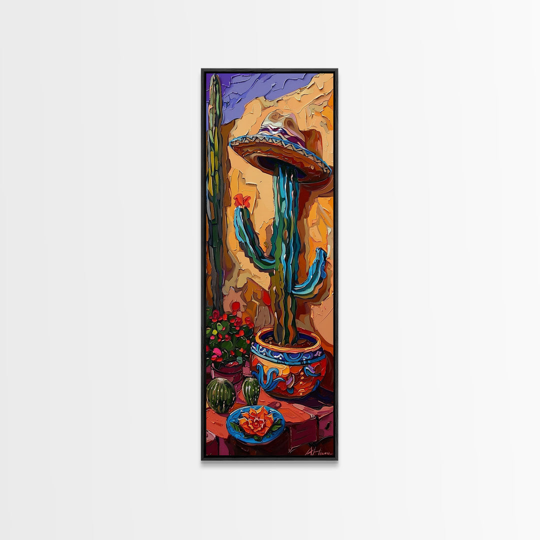 Colorful Canvas Painting of Mexican Saguaro Cactus Framed, Southwest Home Decor, Western Wall Art for Living Room, Housewarming Gift for Her