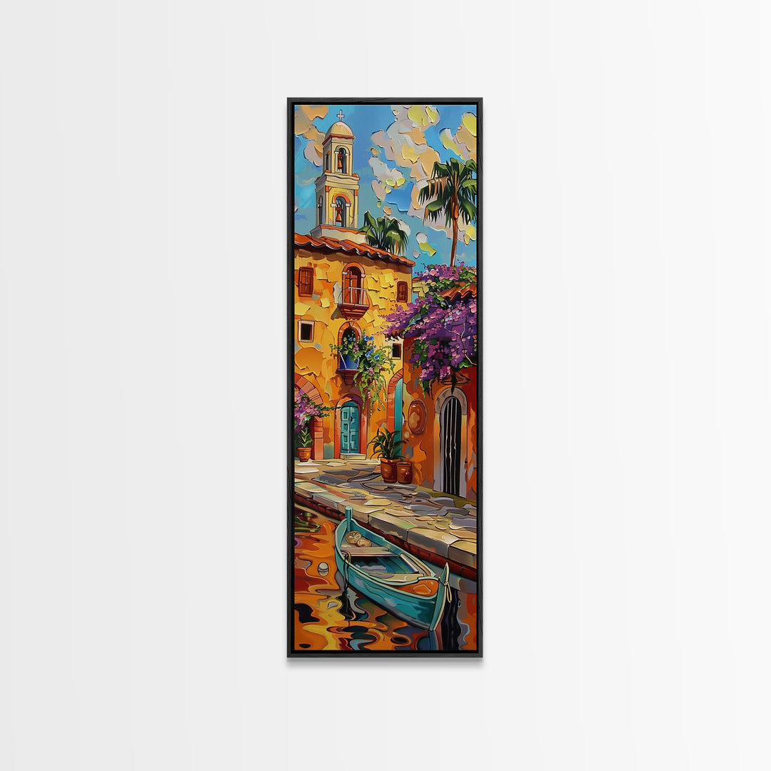 Vertical Impasto Painting Printed and Framed on Canvas, Rustic Venetian Inspired Art, Textured Wall Art for Office and Living Room