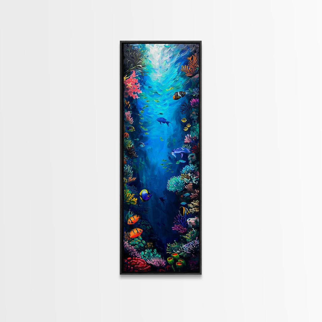 Oversized Vertical Framed Canvas Painting of Colorful Coral Reef, Ocean Painting Framed, Ocean Landscape Wall Art Print, Vibrant Art