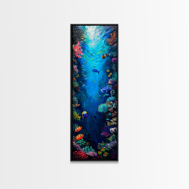 Oversized Vertical Framed Canvas Painting of Colorful Coral Reef, Ocean Painting Framed, Ocean Landscape Wall Art Print, Vibrant Art