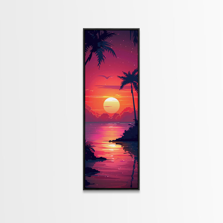 Retro Tropical Sunset Midcentury Modern Art - Framed Canvas Print, Boho Art, Skinny Art, Living Room Art, Bedroom Decor, Coastal Wall Art