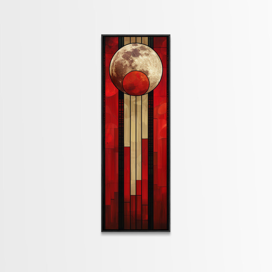 Lunar and Sun Geometric Art in Red and Beige Tones - Framed Canvas Print, Midcentury Modern Art, Skinny Art, Tall Art, Living Room Wall Decor