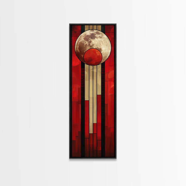 Lunar and Sun Geometric Art in Red and Beige Tones - Framed Canvas Print, Midcentury Modern Art, Skinny Art, Tall Art, Living Room Wall Decor