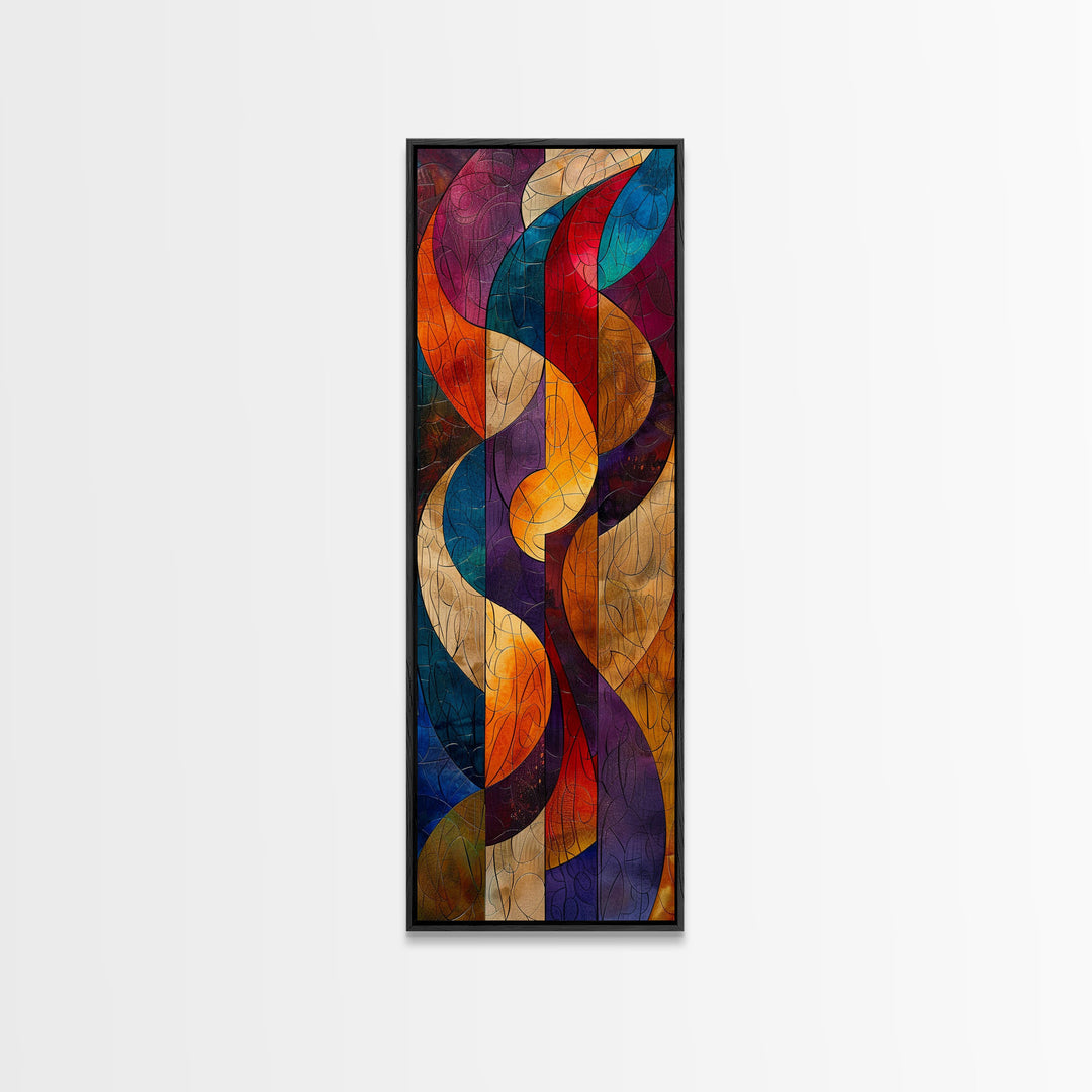 Colorful Abstract Design in Swirling Patterns - Framed Canvas Print, Midcentury Modern Art, Skinny Art, Tall Art, Living Room Wall Decor, Boho Art