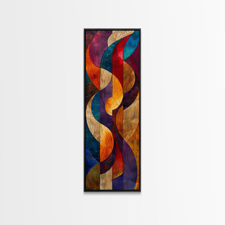 Colorful Abstract Design in Swirling Patterns - Framed Canvas Print, Midcentury Modern Art, Skinny Art, Tall Art, Living Room Wall Decor, Boho Art