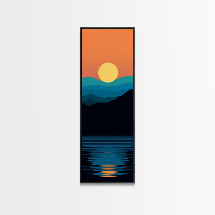 Minimalist Sunset Over Mountains Midcentury Modern Art - Framed Canvas Print, Boho Art, Skinny Art, Living Room Art, Bedroom Decor, Landscape