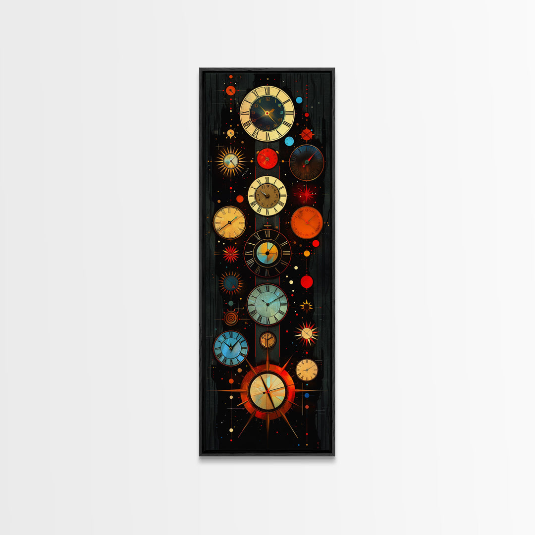 Interdimensional Wall Art, Retro Art Deco Clocks, Framed Canvas Print, Surrealist Decor