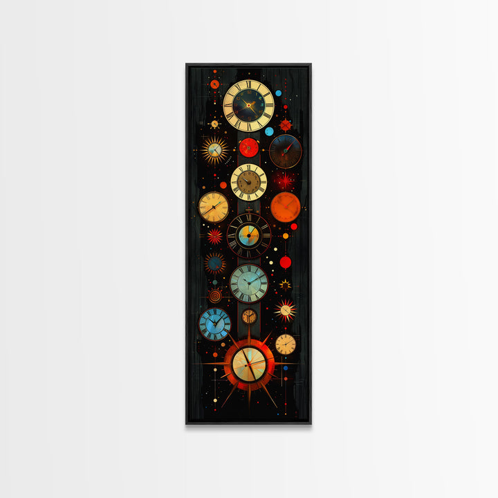 Interdimensional Wall Art, Retro Art Deco Clocks, Framed Canvas Print, Surrealist Decor