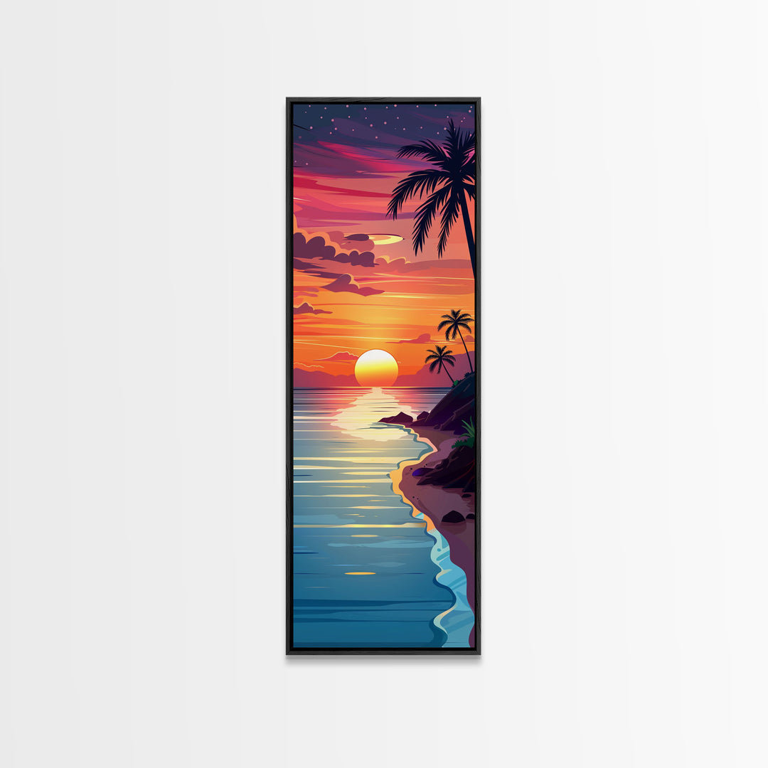 Coastal Sunset Palm Trees Midcentury Modern Art - Framed Canvas Print, Boho Art, Skinny Art, Living Room Art, Bedroom Decor, Tropical Landscape