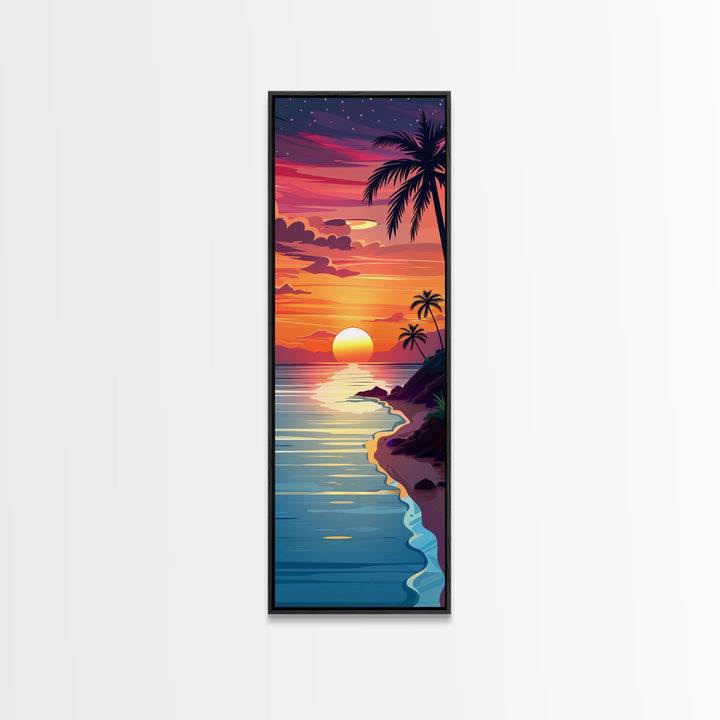 Coastal Sunset Palm Trees Midcentury Modern Art - Framed Canvas Print, Boho Art, Skinny Art, Living Room Art, Bedroom Decor, Tropical Landscape