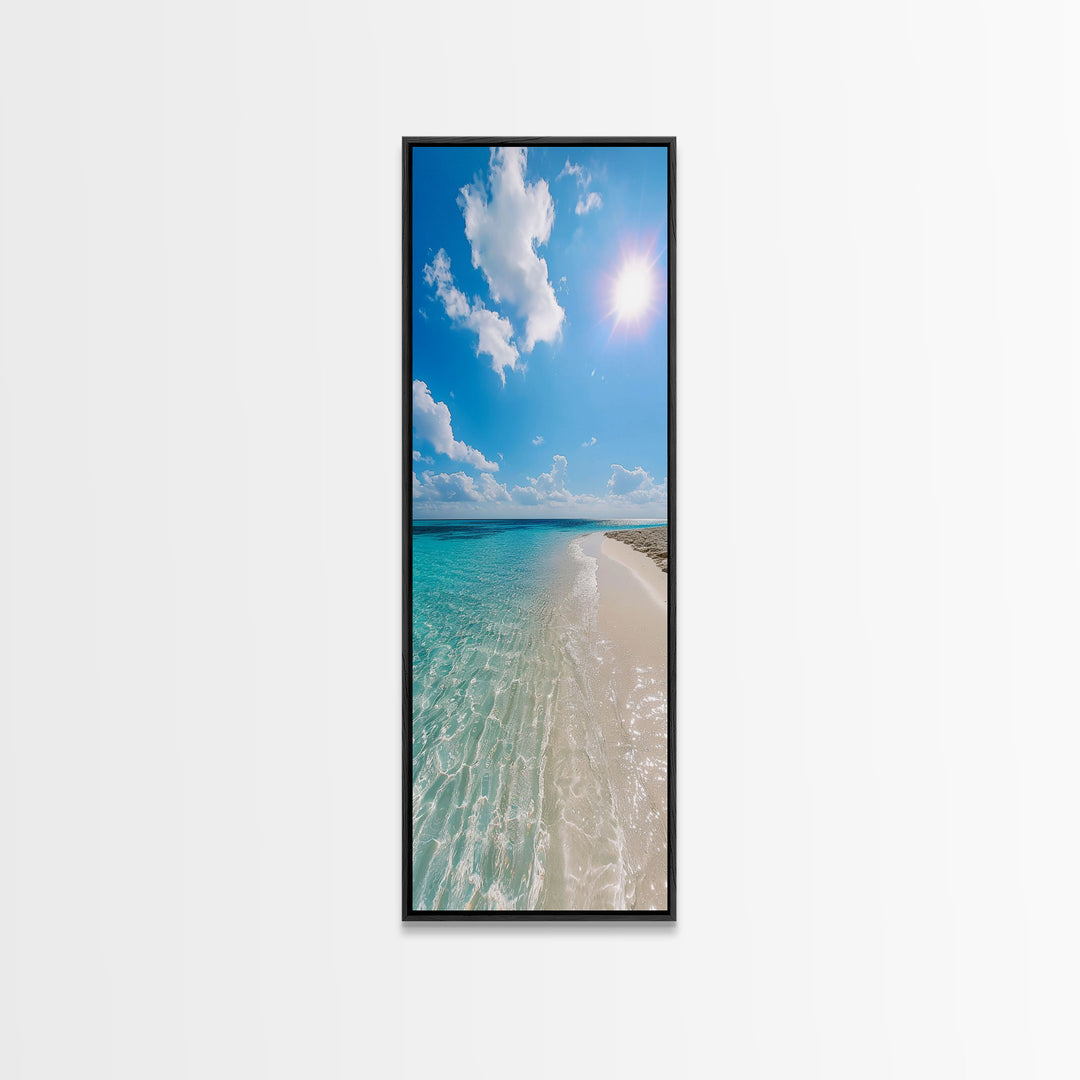 Serene Coastal Shoreline Landscape Painting in Blue and Orange Hues, Modern Framed Canvas Print, Ideal for Contemporary Wall Art Décor