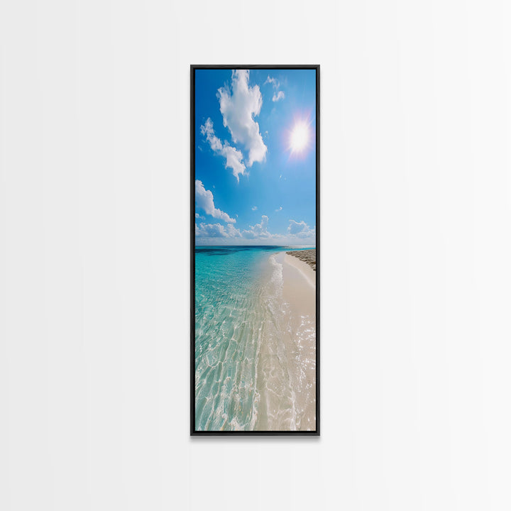 Serene Coastal Shoreline Landscape Painting in Blue and Orange Hues, Modern Framed Canvas Print, Ideal for Contemporary Wall Art Décor