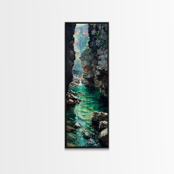 Serene Mountain River Gorge Scene Skinny Art Framed Canvas Print For Living Room Or Bedroom Wall Decor