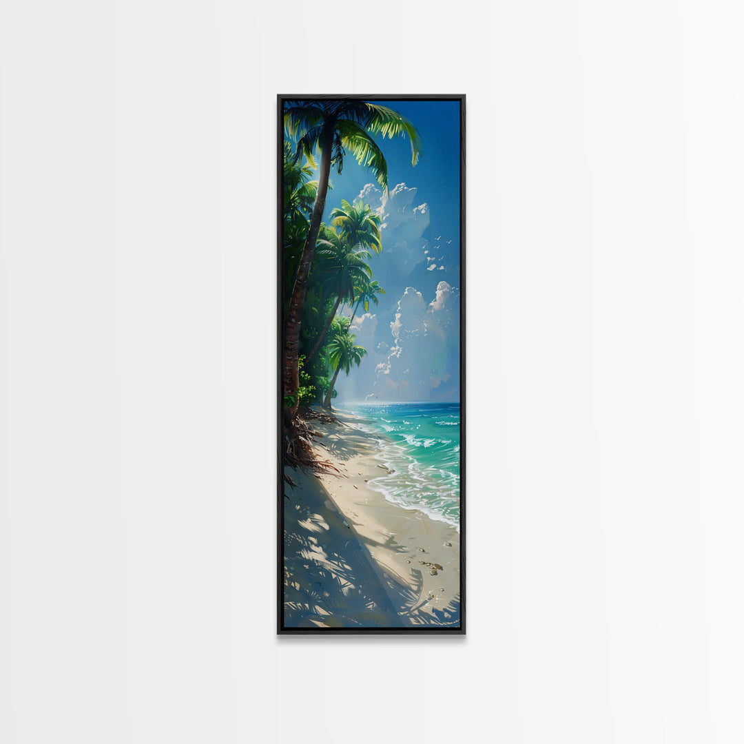 Lush Jungle With Flowing River And Bright Sunlight Skinny Art Framed Canvas Print For Living Room Or Guest Room Wall Decor
