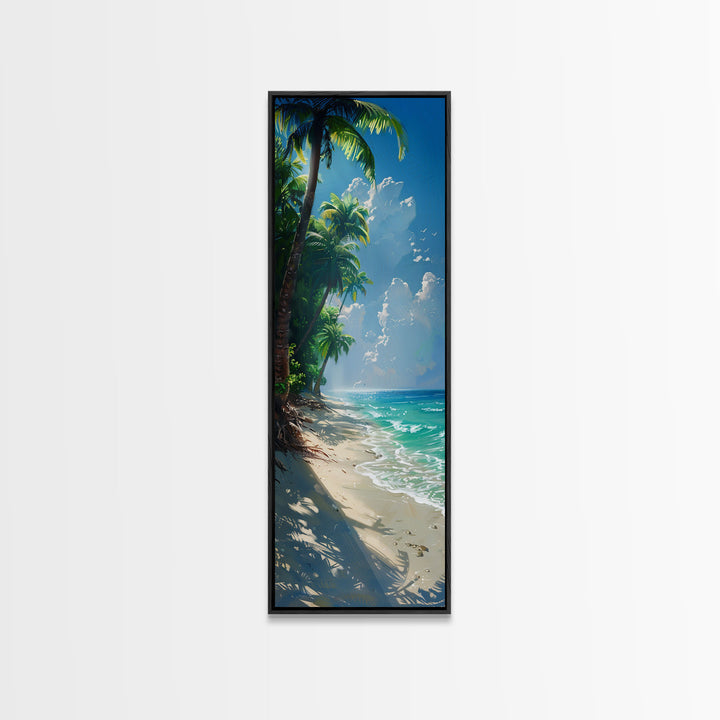 Lush Jungle With Flowing River And Bright Sunlight Skinny Art Framed Canvas Print For Living Room Or Guest Room Wall Decor