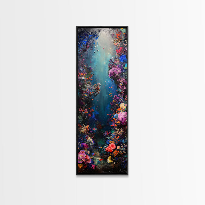 Deep Sea Adventure with Colorful Coral Reefs, Skinny and Tall Art, Stunning Framed Canvas Print, Underwater Landscape Wall Art