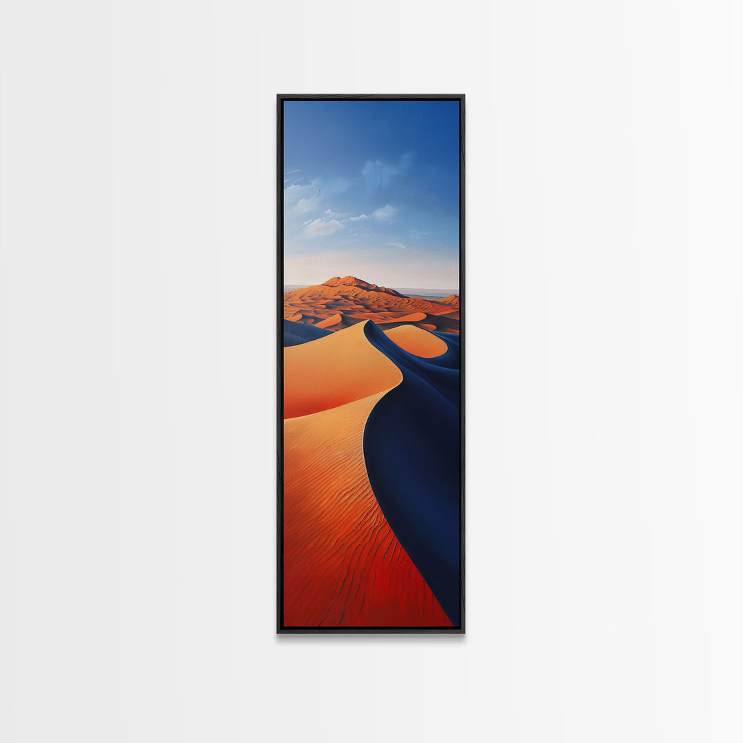Serene Desert Dunes Under a Clear Sky, Skinny and Tall Art, Minimalist Framed Canvas Print, Modern Wall Decor