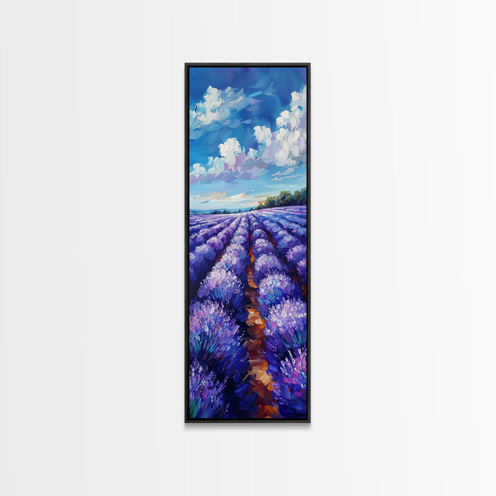 Expansive Lavender Fields Under a Bright Sky, Skinny and Tall Art, Bold Framed Canvas Print, Landscape Wall Art
