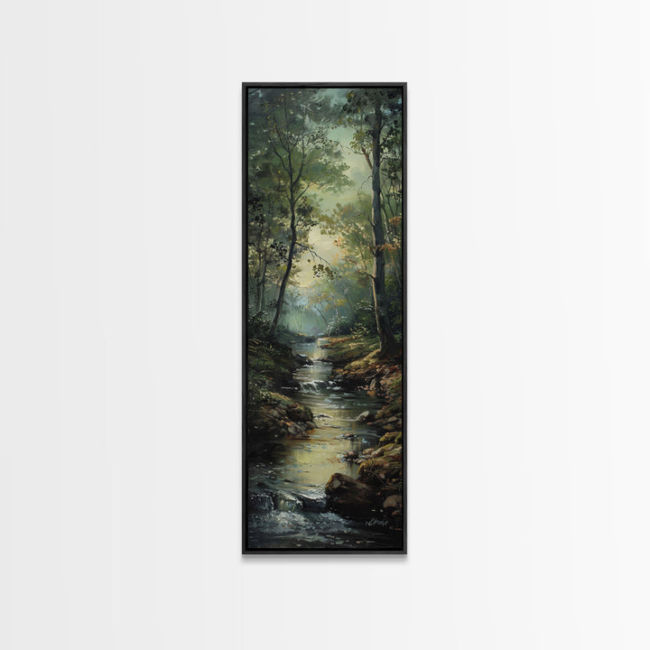 Peaceful Forest Stream in the Early Morning Light, Skinny and Tall Art, Framed Canvas Print, Cozy Wall Art Decor
