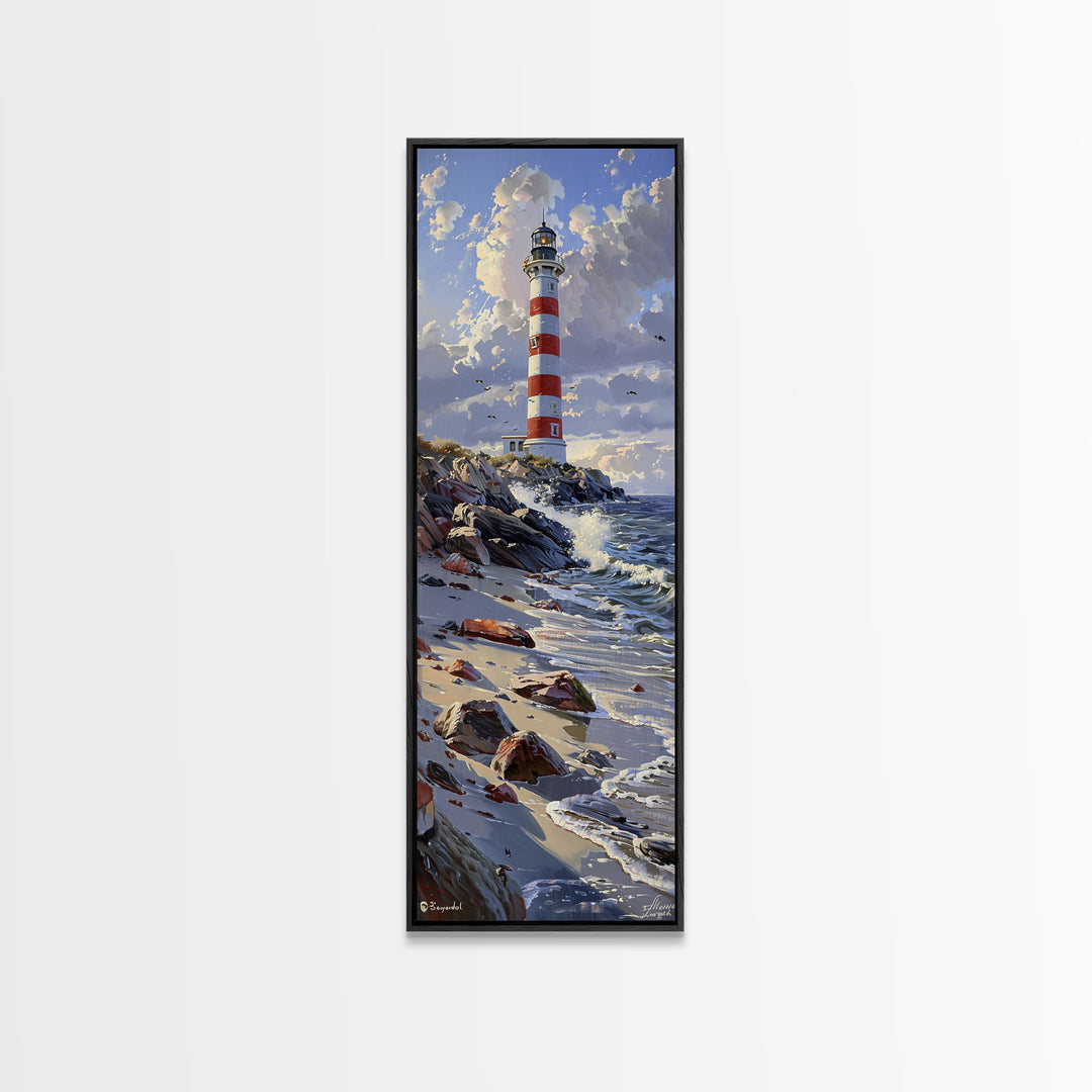 Framed Canvas Print Skinny Art of a Majestic Lighthouse Standing Tall Against a Bright Blue Sky with Waves Crashing on Rocky Shores, Perfect Tall Art