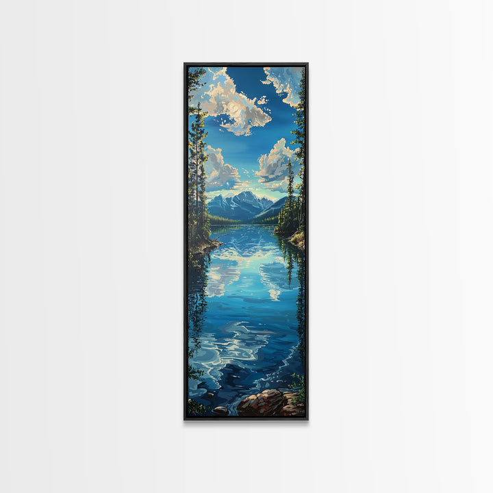 Framed Canvas Print Skinny Art of a Clear Lake Surrounded by Pine Trees with Majestic Mountains in the Distance Under a Blue Sky, Ideal Tall Landscape Art