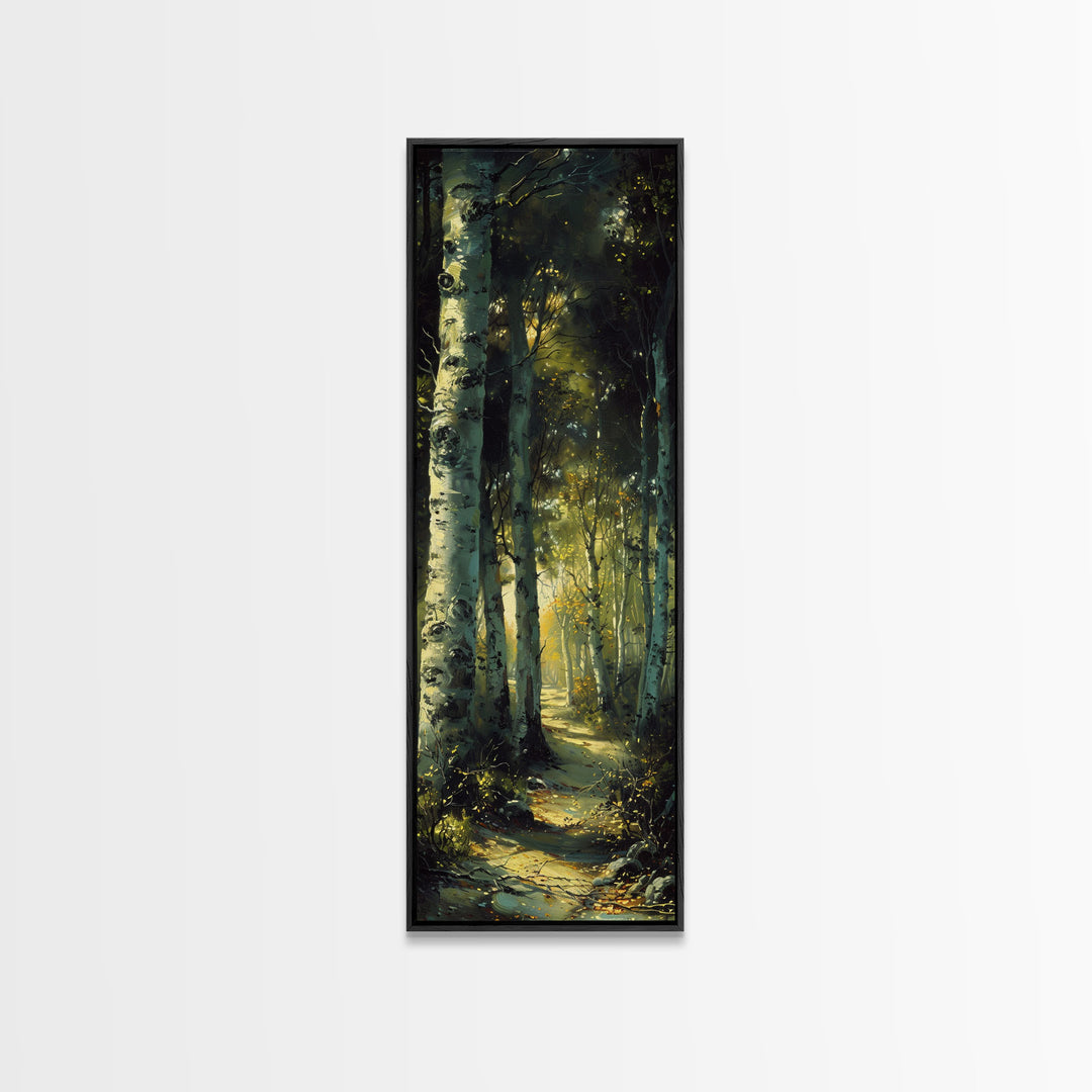 Serene Birch Tree Pathway in Tall Skinny Art Framed Canvas Print Perfect for Tranquil Wall Decor in Bedrooms or Study Rooms