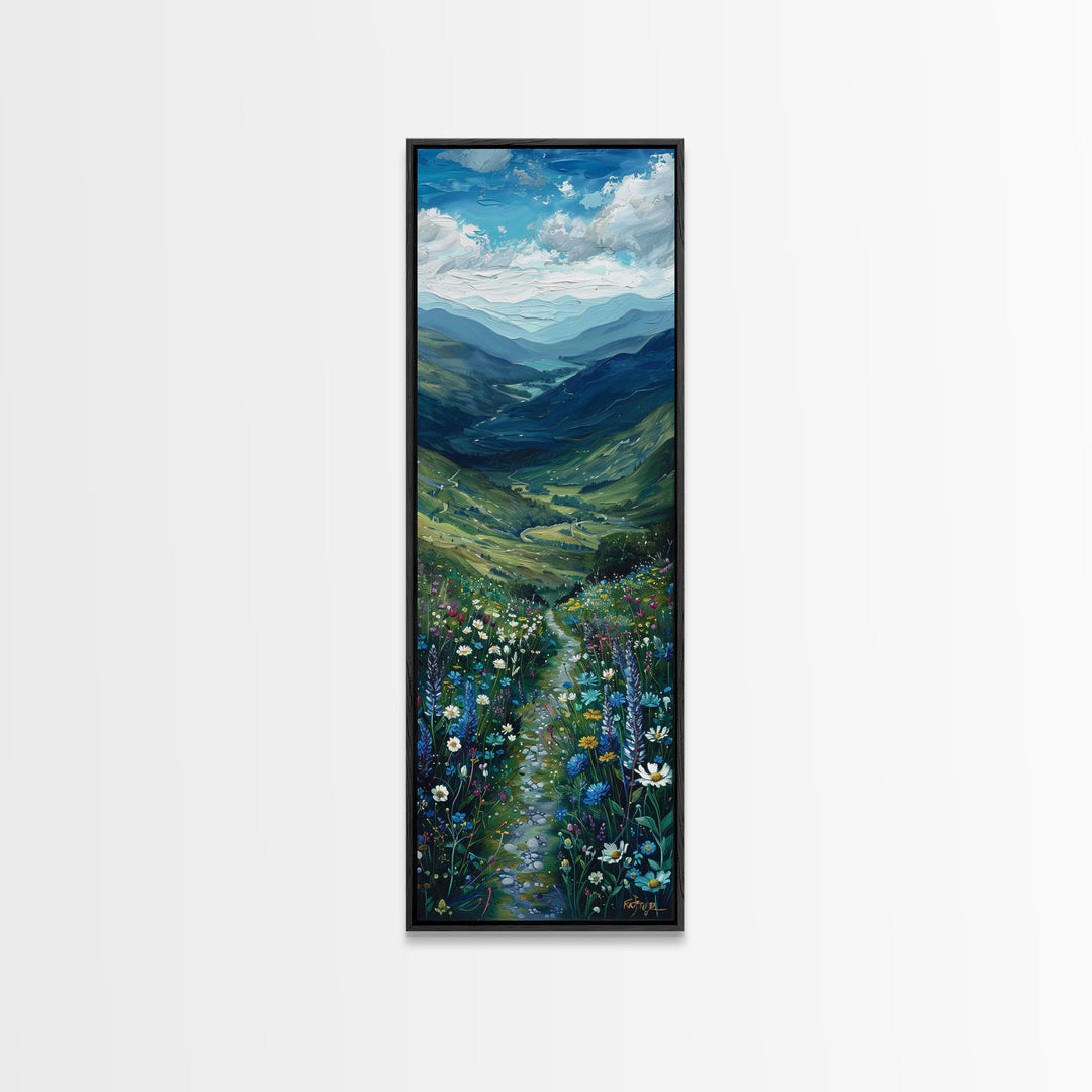 Secret Path Through The Wild Flowers, Framed Canvas Print, Unique Wall Art, Minimalist Landscape Painting, Wood Frame Art, Sofa Decor, Springtime Art