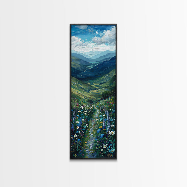 Secret Path Through The Wild Flowers, Framed Canvas Print, Unique Wall Art, Minimalist Landscape Painting, Wood Frame Art, Sofa Decor, Springtime Art
