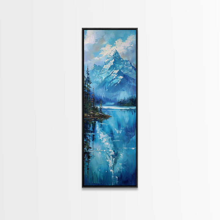 Mountain Reflections In The Lake Framed Canvas Print, Boho Style Oil Painting Print, Minimalist Decor, Unique Gift Idea, Skinny Art For Small Spaces