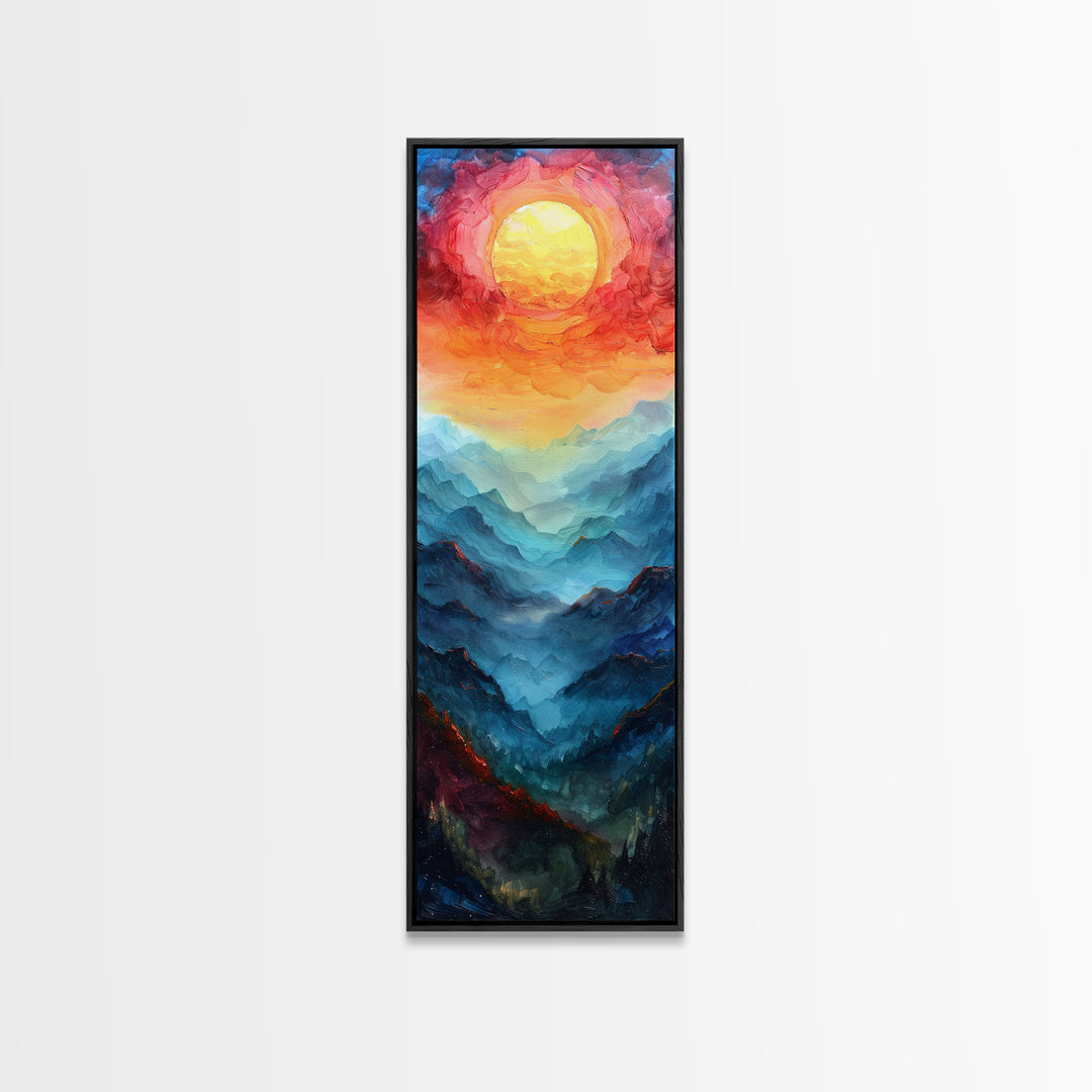 Majestic Sunrise Over Mountain Range Boho Sunset Landscape Framed Canvas Print Tall Art Japanese Style Art