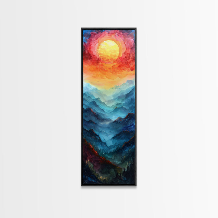 Majestic Sunrise Over Mountain Range Boho Sunset Landscape Framed Canvas Print Tall Art Japanese Style Art