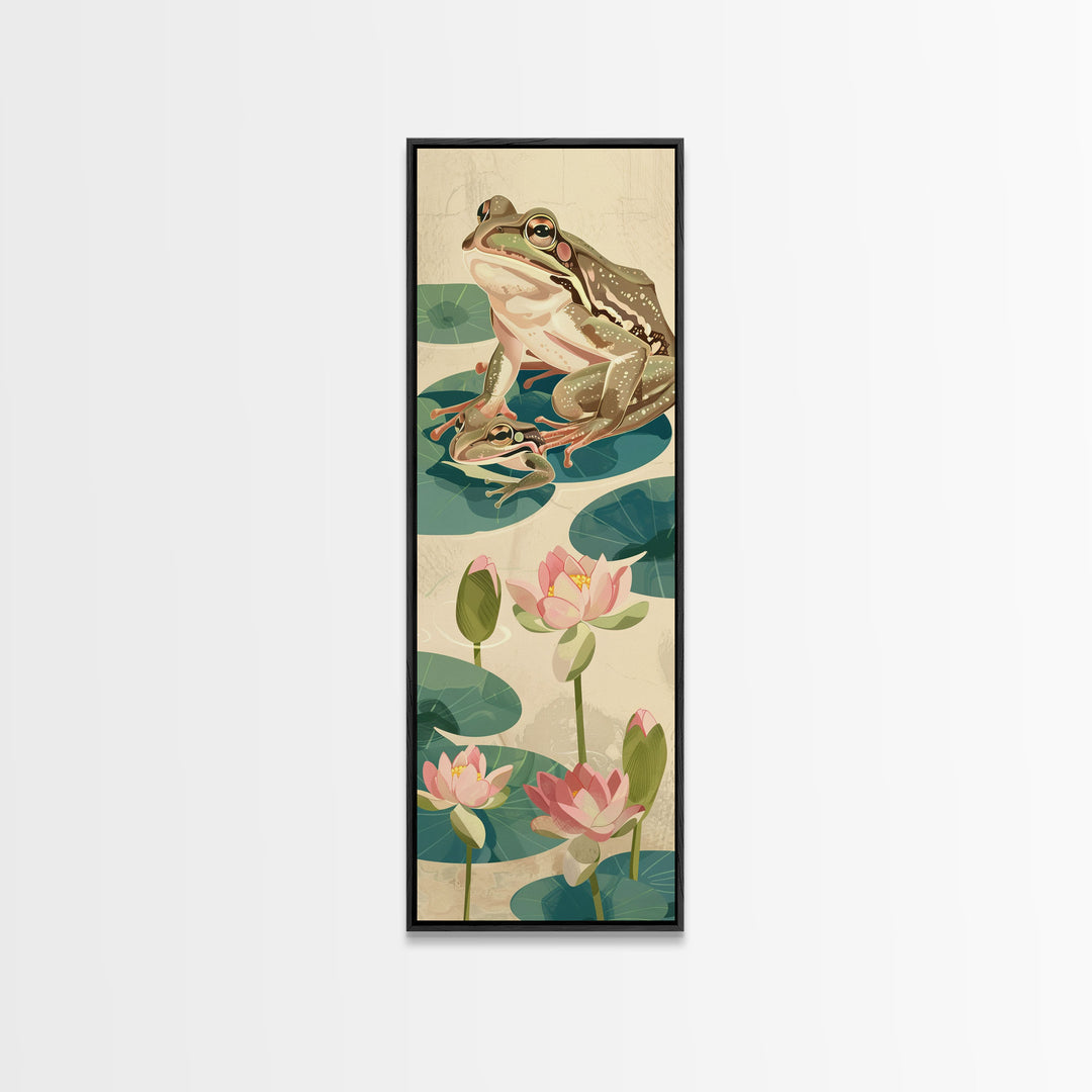 Frogs On Lily Pads Canvas In Japanese Ukiyo-e Style, Traditional Woodblock Print, Framed Canvas Print, Tall Skinny Japanese Wall Art, Ready To Hang