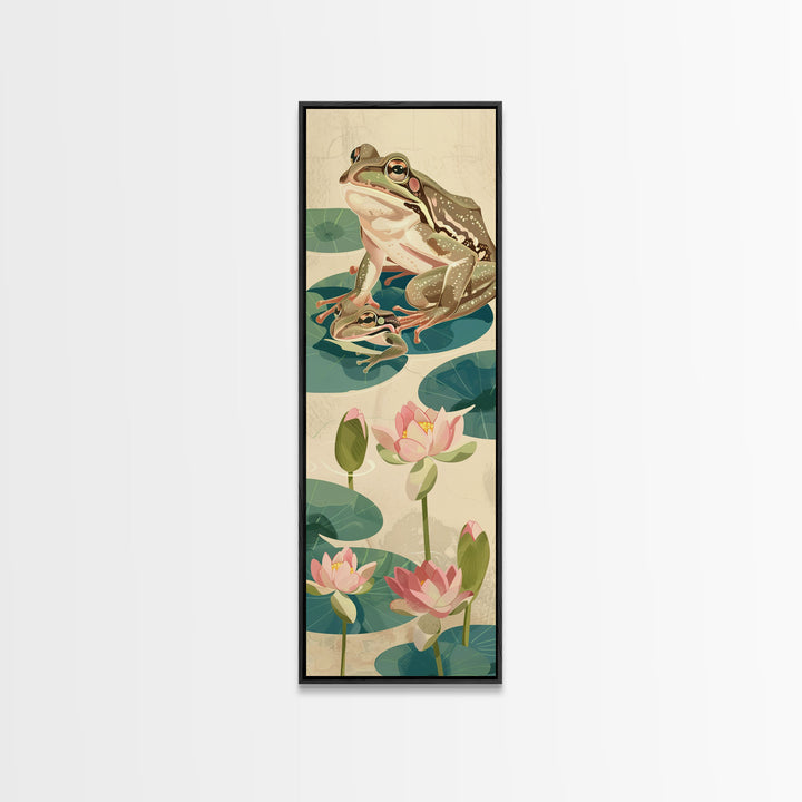 Frogs On Lily Pads Canvas In Japanese Ukiyo-e Style, Traditional Woodblock Print, Framed Canvas Print, Tall Skinny Japanese Wall Art, Ready To Hang