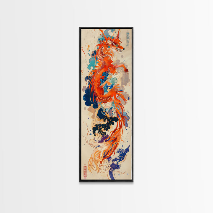 Majestic Red Dragon Soars Skinny Art Tall Art Japanese Ukiyo-e Inspired Mythical Creature Framed Canvas Print