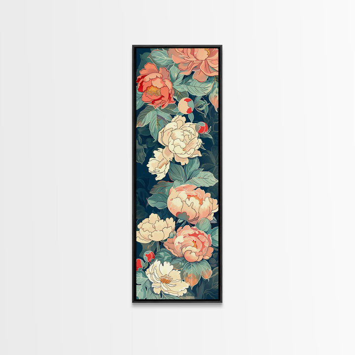 Delicate Peony Blossoms in Soft Pastel Hues on Japanese-Inspired Tall Vertical Canvas Print for Elegant Floral Decor