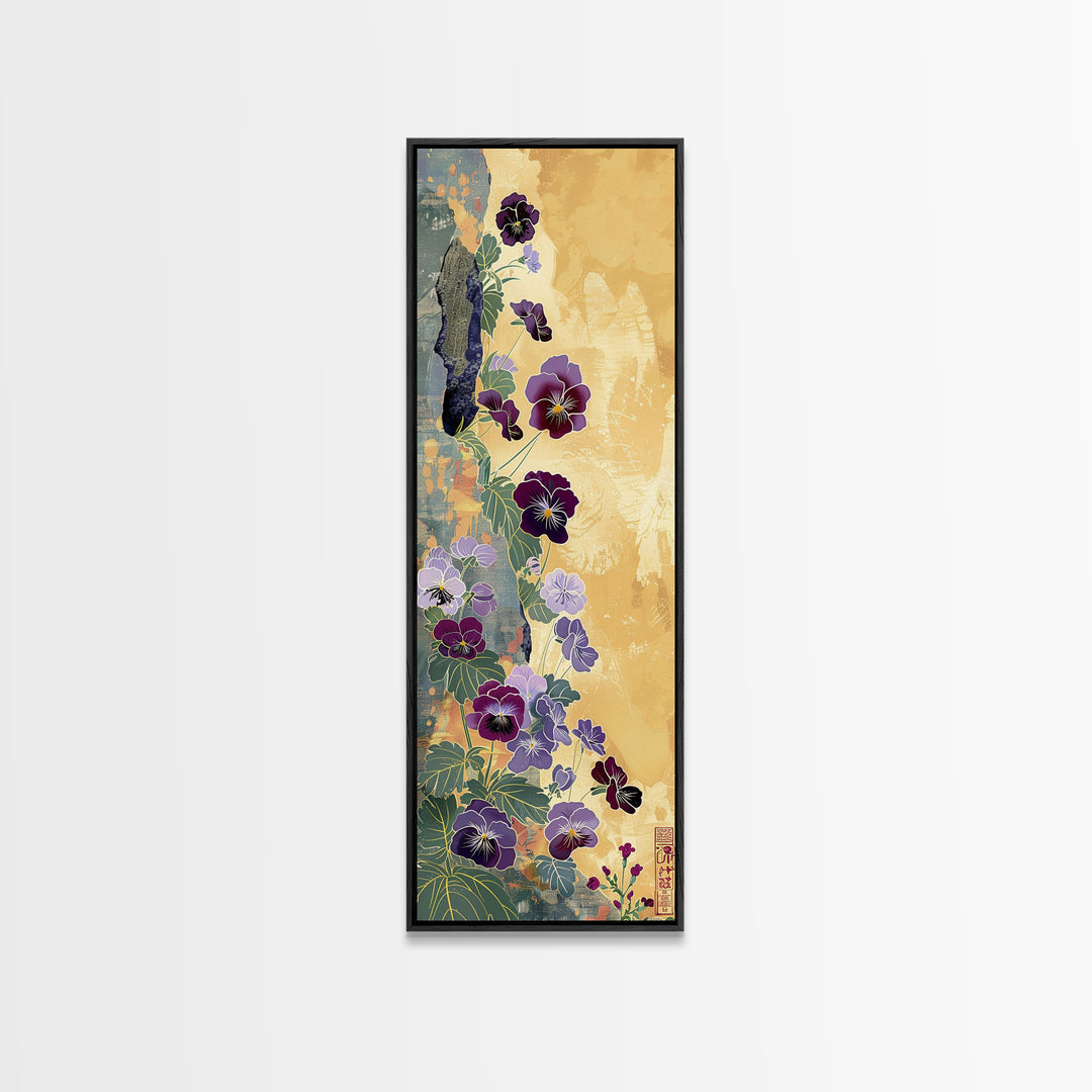 Deep Purple Pansy Flowers Against Textured Gold Background on Tall Vertical Canvas Print for Rich Floral Wall Decor