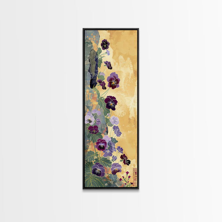 Deep Purple Pansy Flowers Against Textured Gold Background on Tall Vertical Canvas Print for Rich Floral Wall Decor