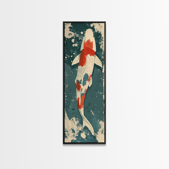 Serene Koi Fish Swimming in Deep Blue Water with Red Accents on Tall Vertical Japanese-Inspired Canvas Print