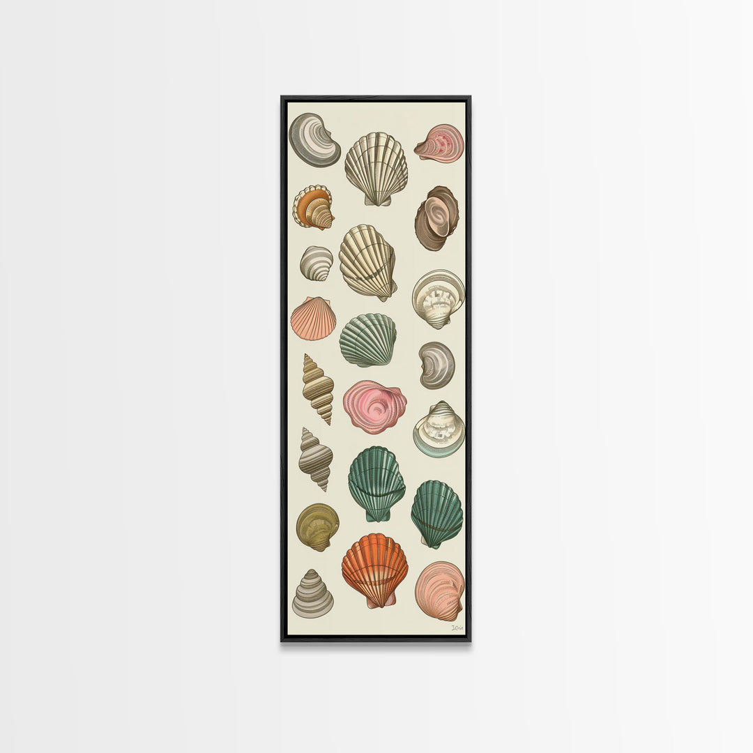 Elegant Sea Shell Collection in Vintage Style on Tall Vertical Canvas Print Perfect for Coastal-Themed Wall Decor