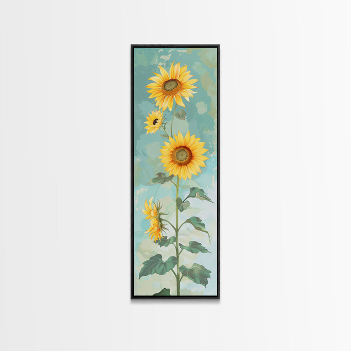 Japanese Skinny Art of Sunflowers with Golden Petals and Verdant Stems on a Pastel Blue Background – Framed Canvas Print